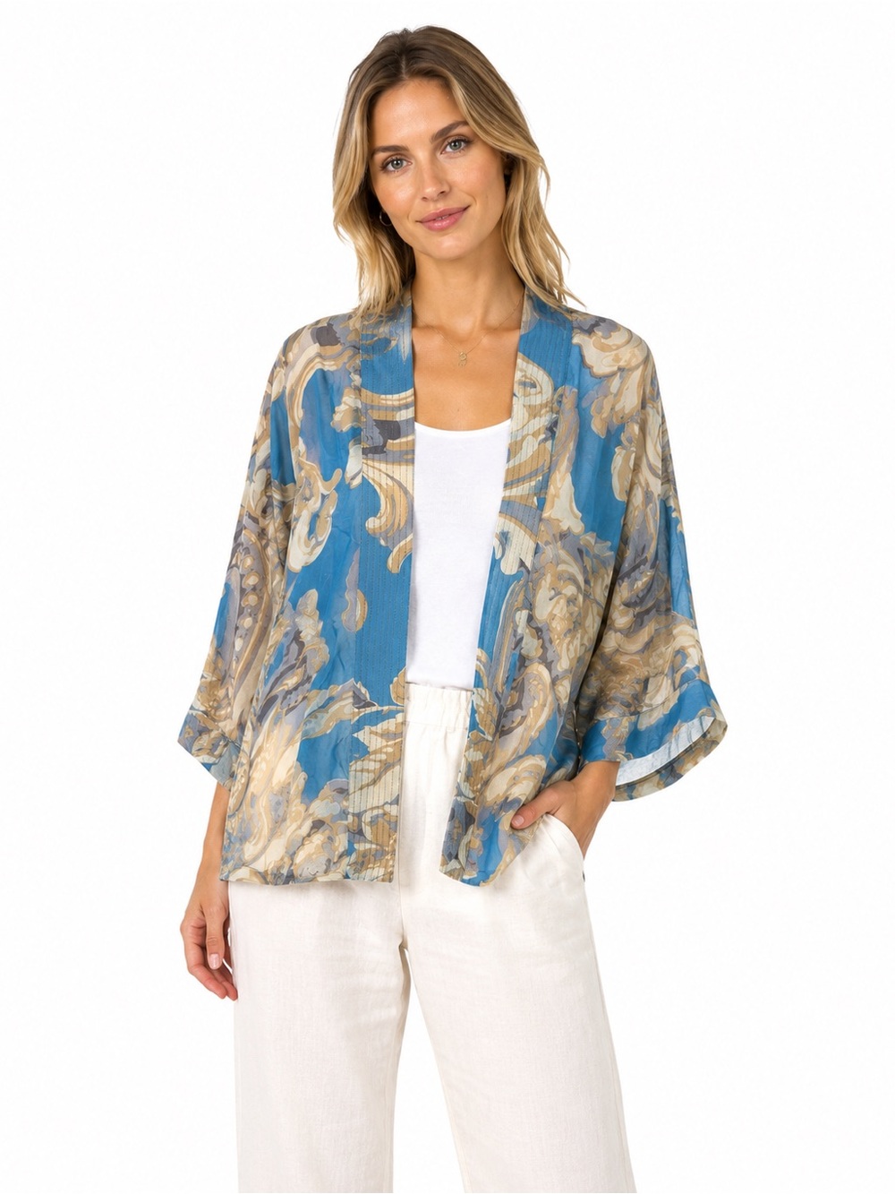 One Hundred Stars Blue Baroque Floral Kimono Jacket Duster OS